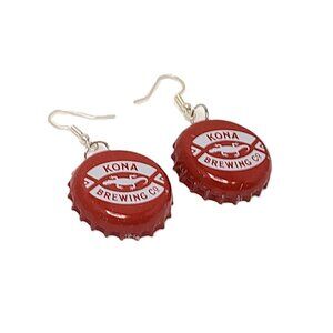 Silver Tone Kona Brewing Co. Red Bottle Top Boho Drop Dangle Hook Earrings